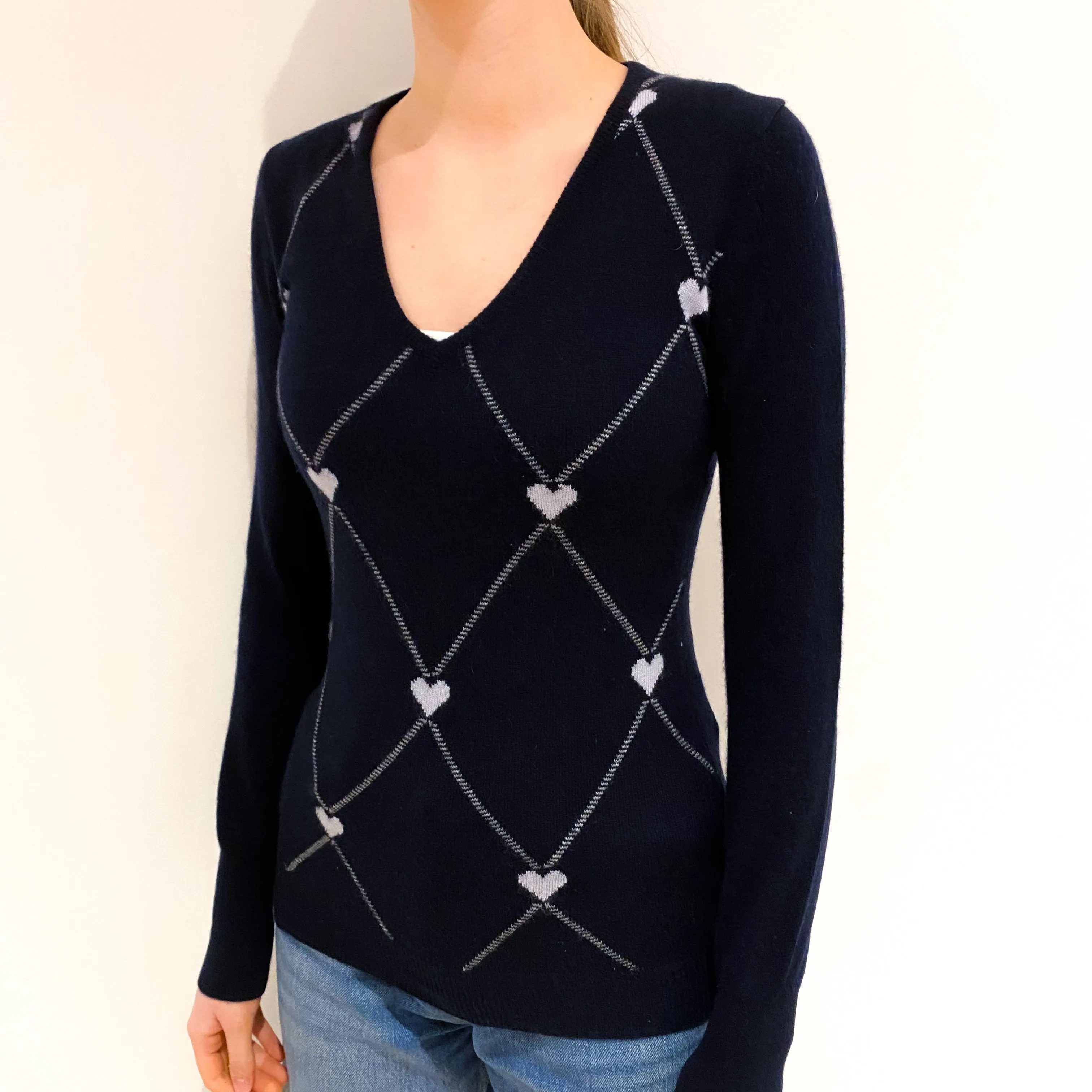 Navy Diamond Patterned V-Neck Jumper Extra Small