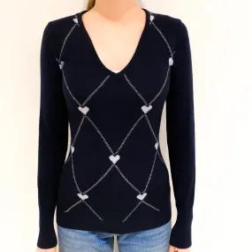 Navy Diamond Patterned V-Neck Jumper Extra Small