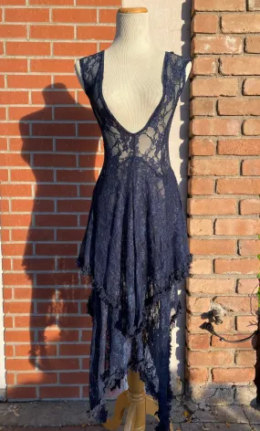 Navy Lace Sheer Hanky Dress