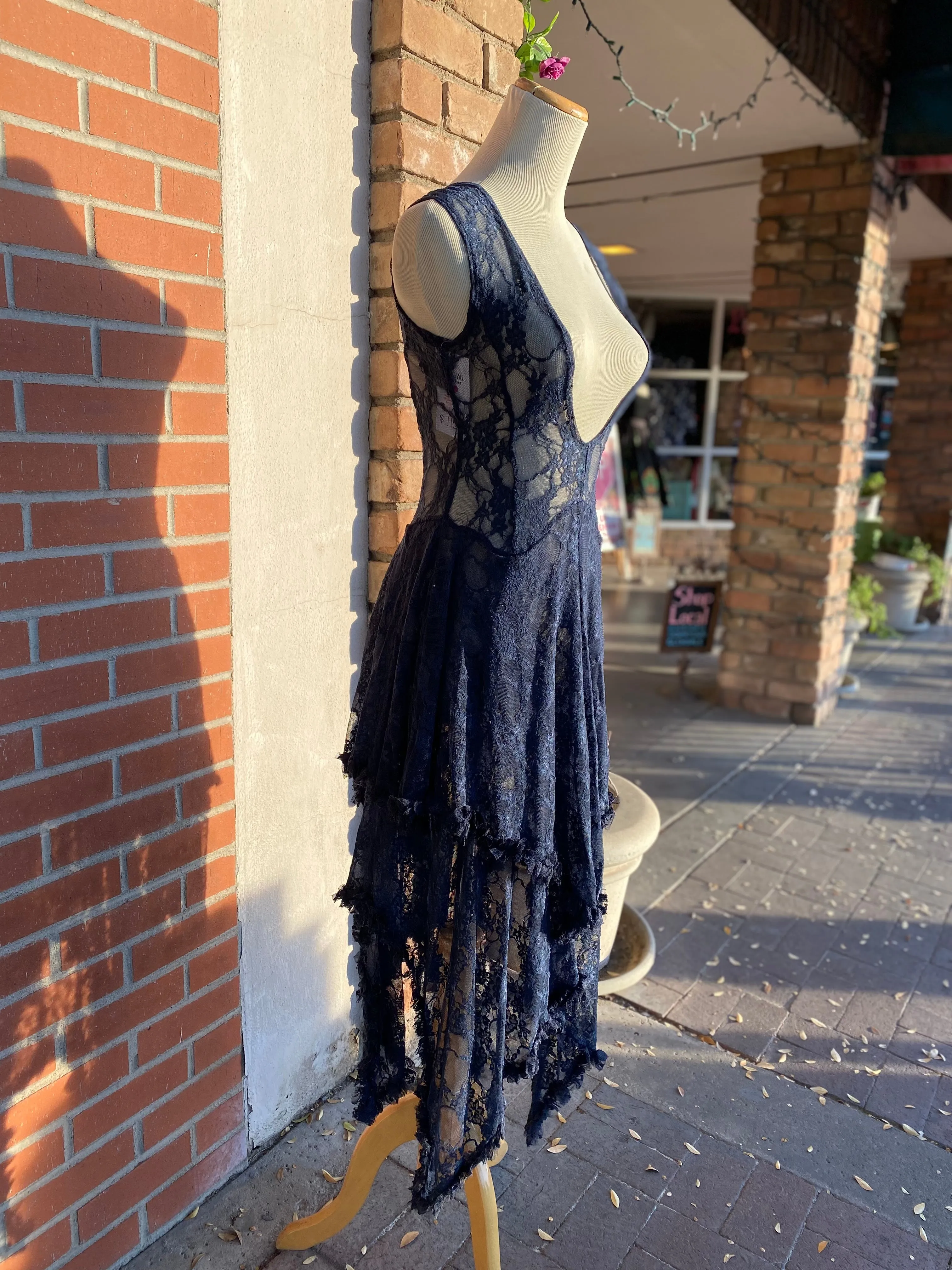 Navy Lace Sheer Hanky Dress