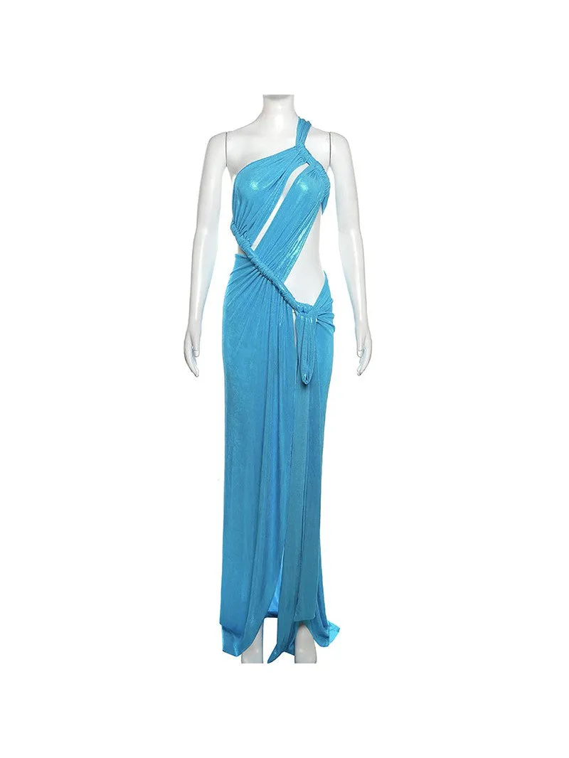 Oblique Shoulder Sheath High Slit Maxi Dress