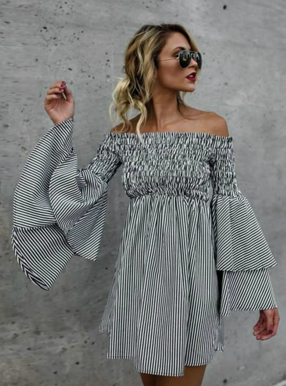 OFF SHOULDER STRIPE PARTY LADIES CASUAL DRESS LONG SLEEVE