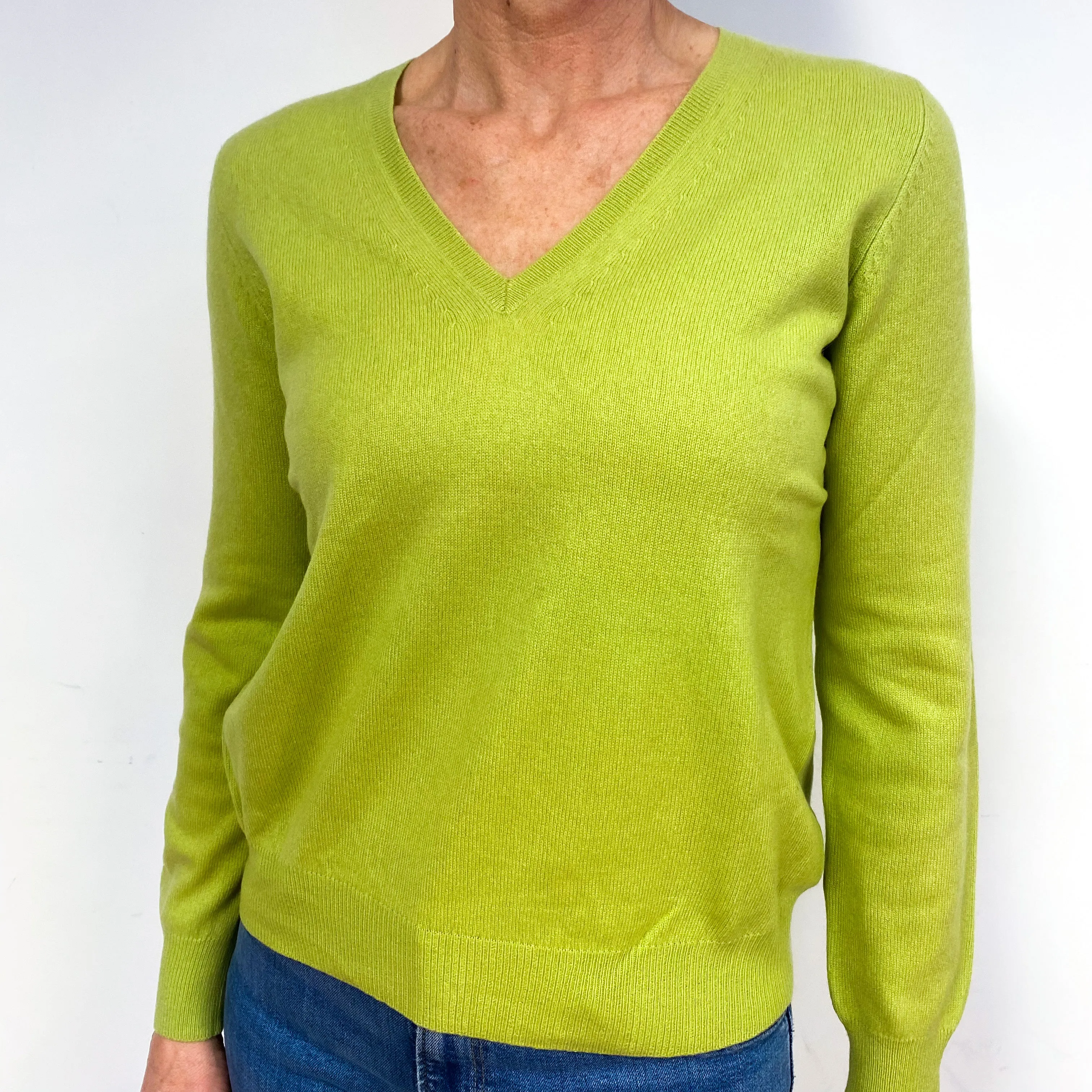 Pale Pear Green Cashmere V-Neck Jumper Medium
