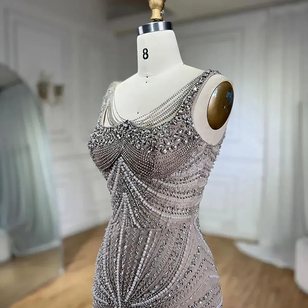 Pearl Beaded Spaghetti Straps Mermaid Evening Gown