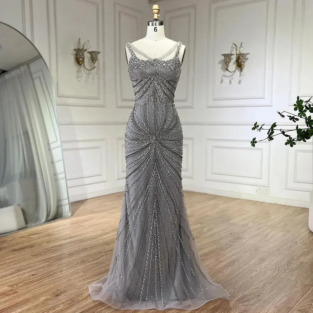 Pearl Beaded Spaghetti Straps Mermaid Evening Gown