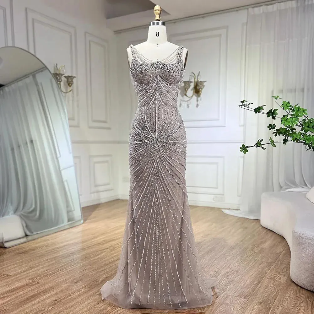 Pearl Beaded Spaghetti Straps Mermaid Evening Gown