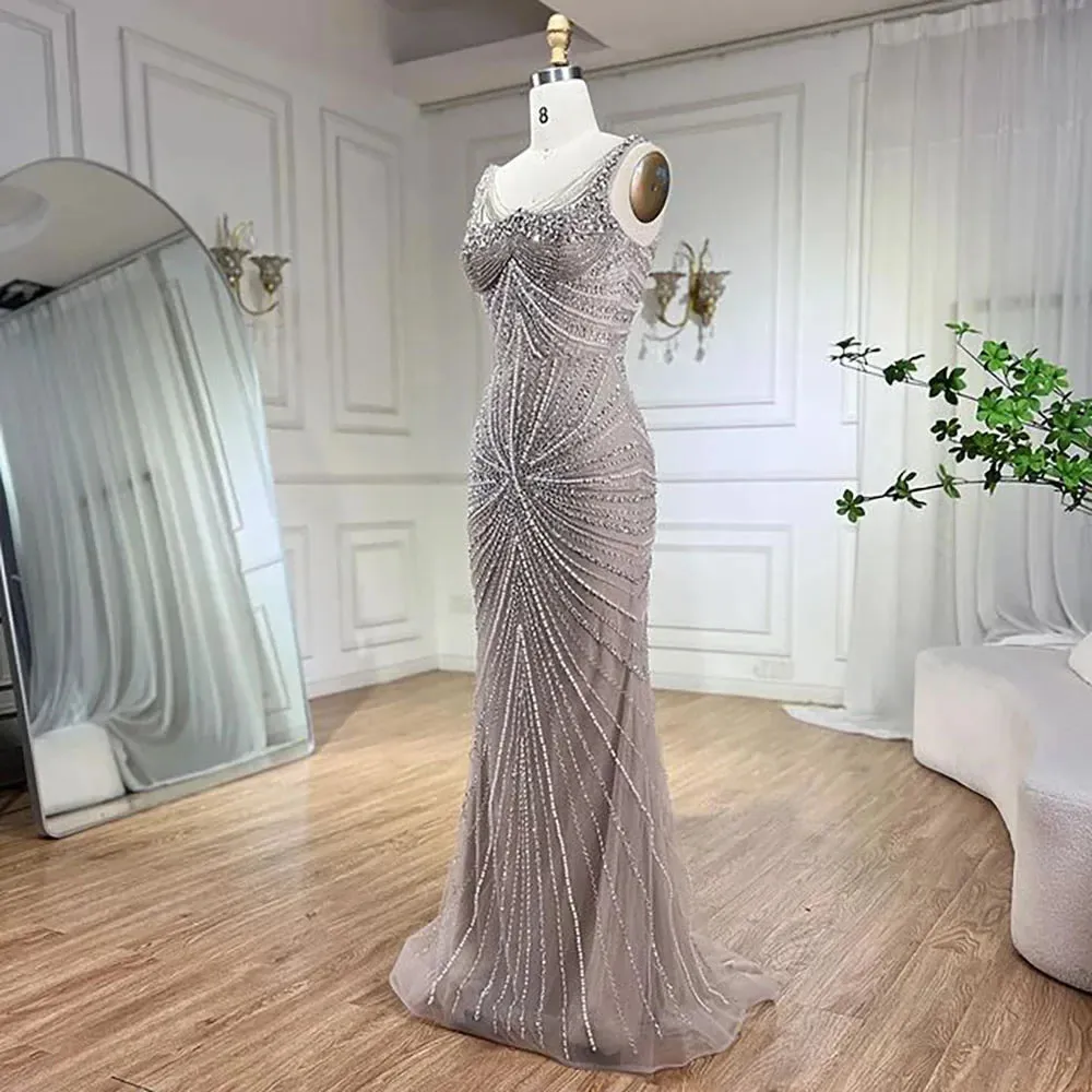 Pearl Beaded Spaghetti Straps Mermaid Evening Gown