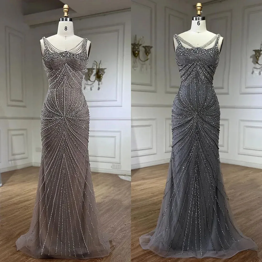 Pearl Beaded Spaghetti Straps Mermaid Evening Gown