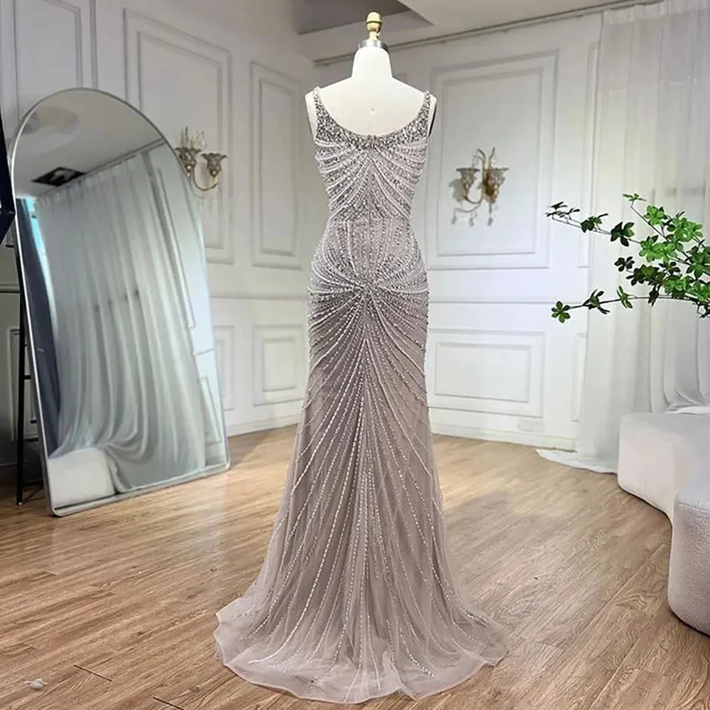 Pearl Beaded Spaghetti Straps Mermaid Evening Gown