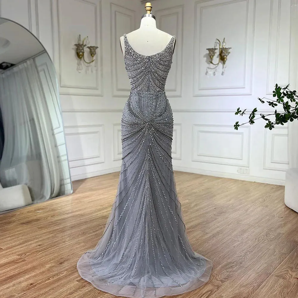 Pearl Beaded Spaghetti Straps Mermaid Evening Gown