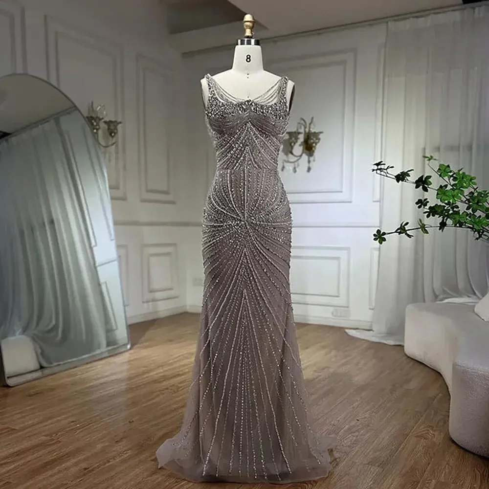 Pearl Beaded Spaghetti Straps Mermaid Evening Gown
