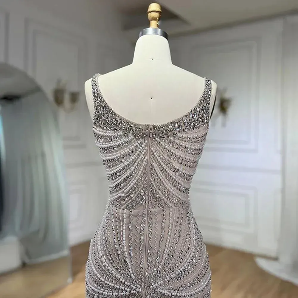 Pearl Beaded Spaghetti Straps Mermaid Evening Gown
