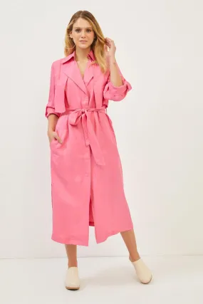 Pink Linen Side Pocket Belt Detail Long Sleeve Maxi Dress
