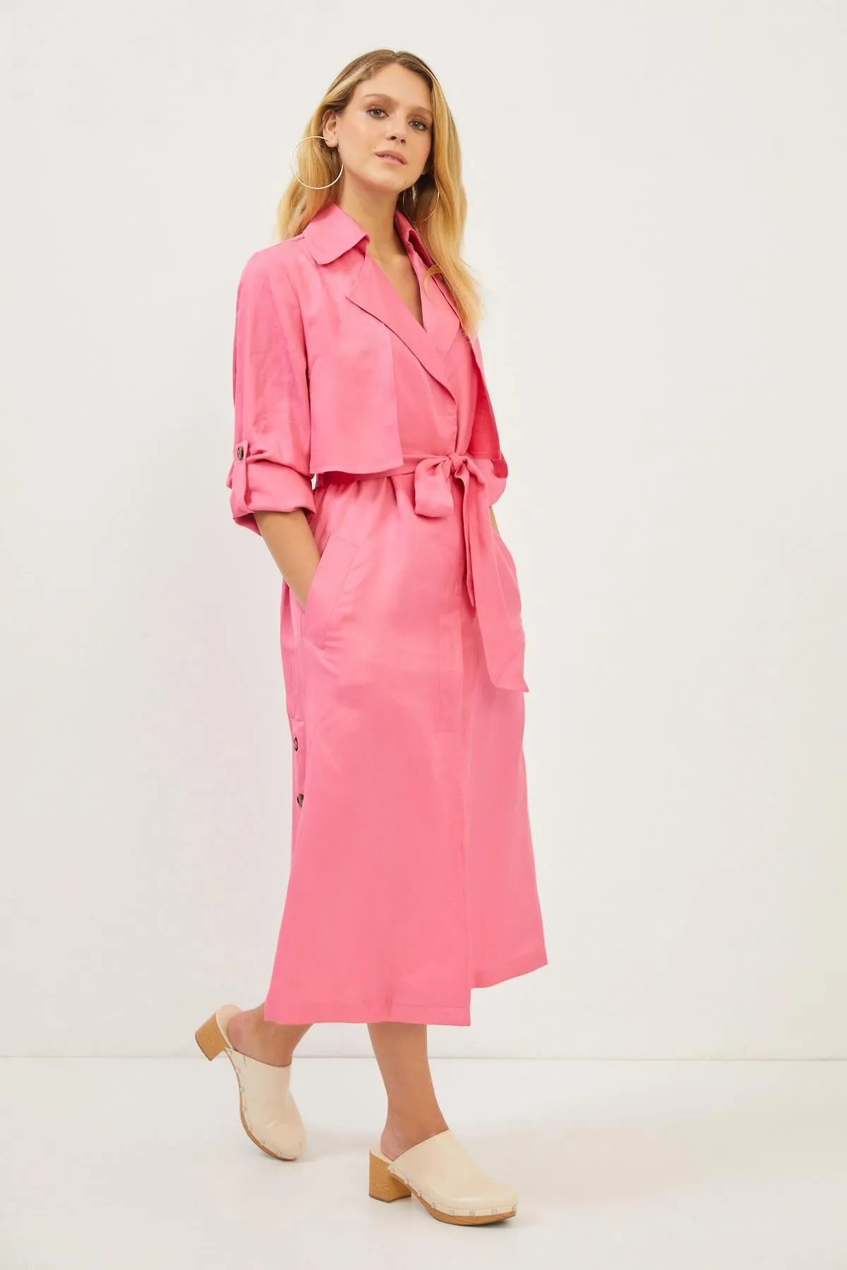 Pink Linen Side Pocket Belt Detail Long Sleeve Maxi Dress