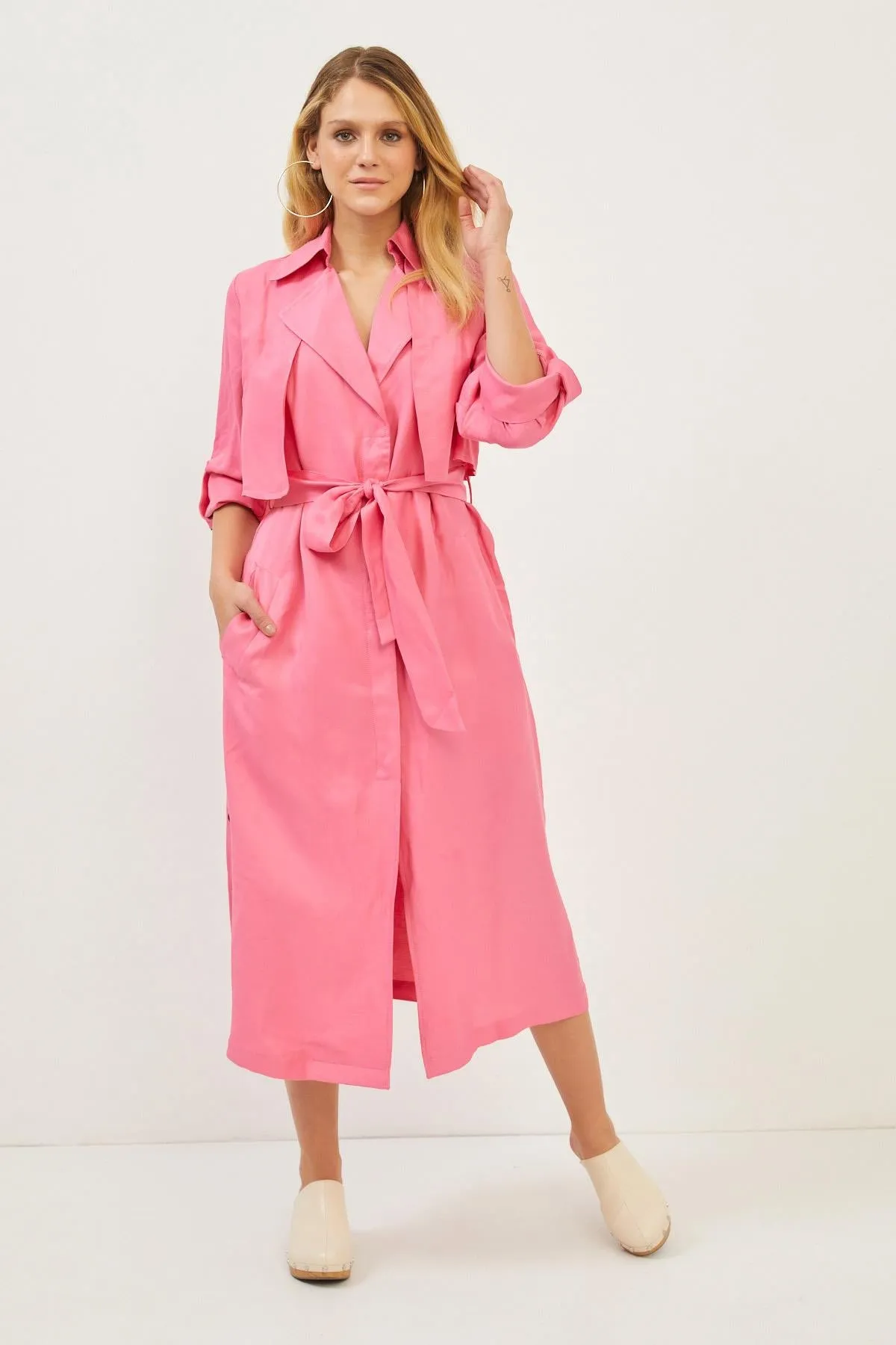 Pink Linen Side Pocket Belt Detail Long Sleeve Maxi Dress