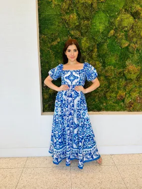 Renata off the shoulder maxi dress in blue print