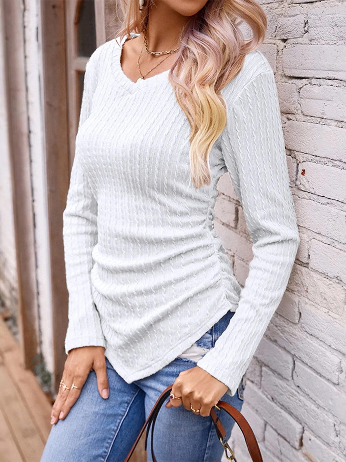 Ruched V-Neck Long Sleeve Top