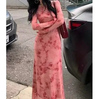 Set: Long-Sleeve Crewneck Floral Print Maxi Sheath Dress   Slip Dress