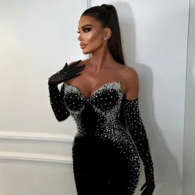 Sexy Pearl Beaded Tube Top Split Formal Dress