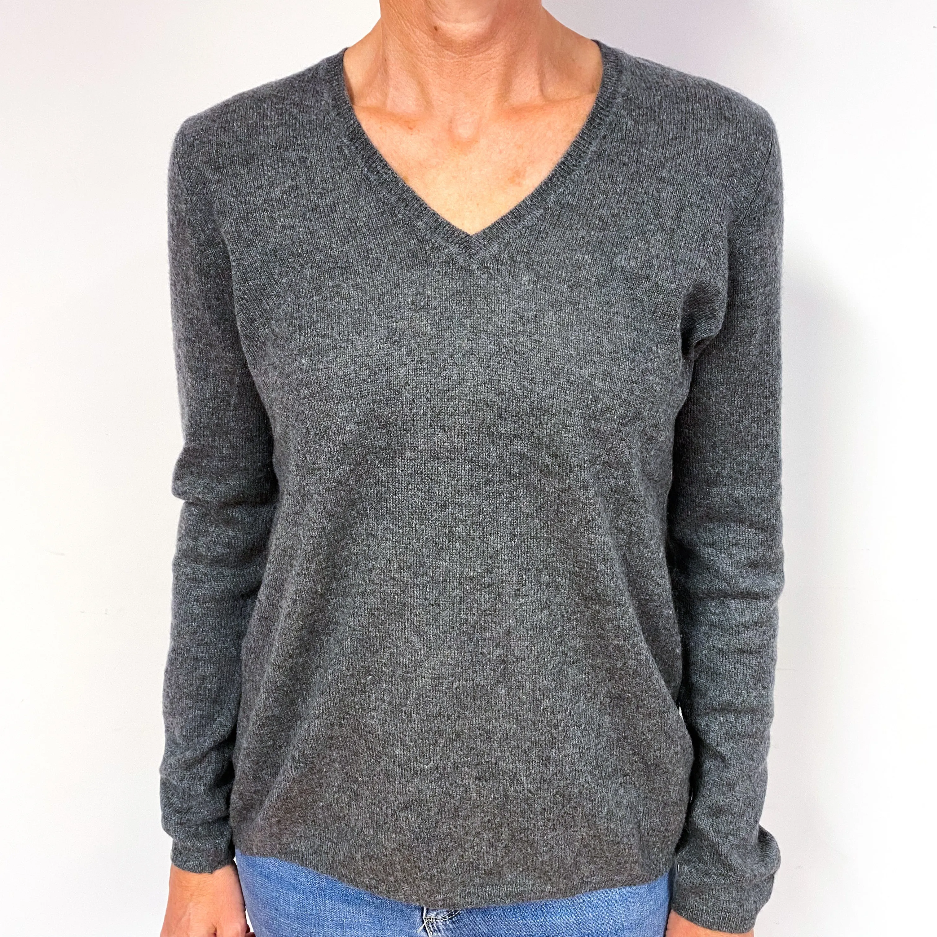Slate Grey Lightweight Cashmere V-Neck Jumper Medium