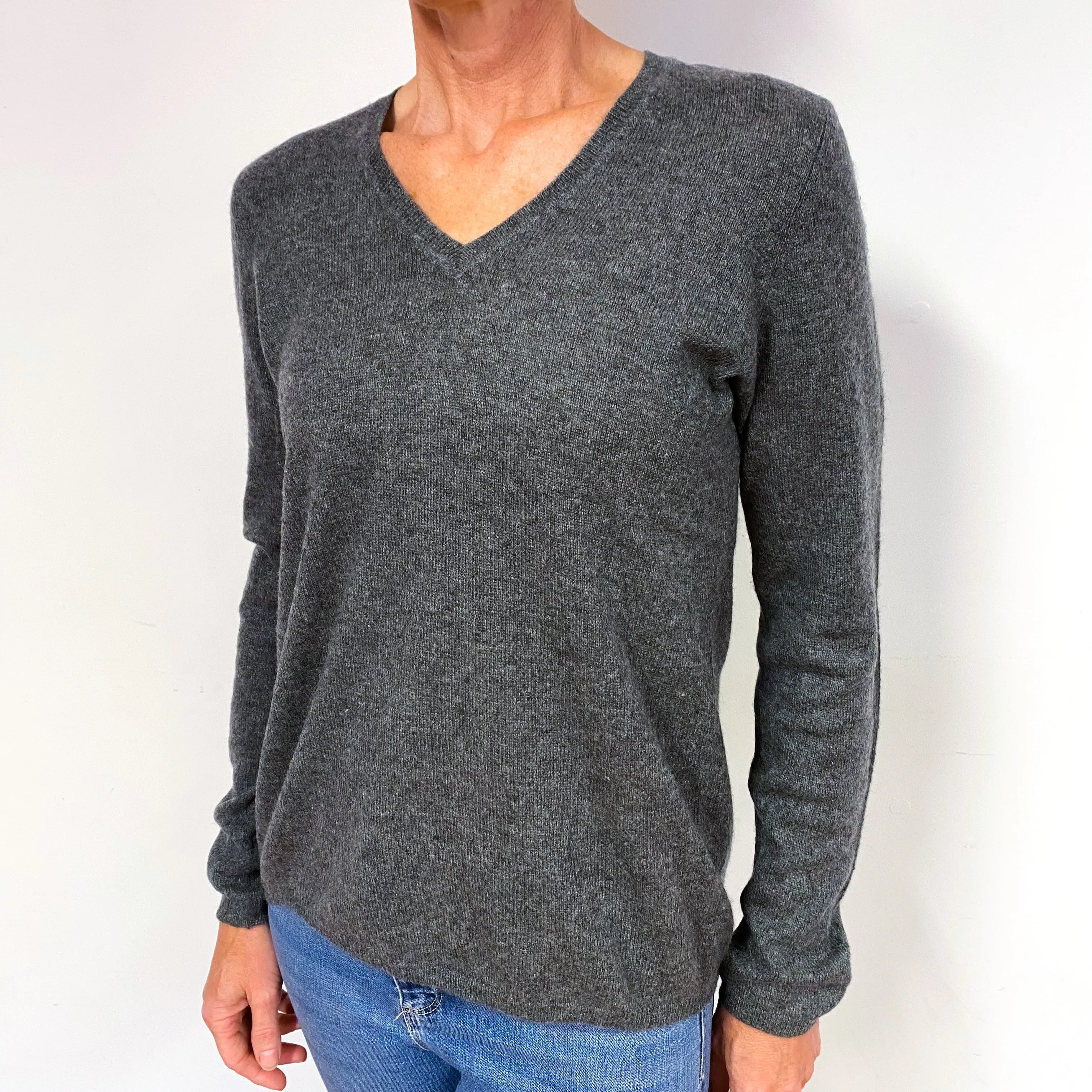 Slate Grey Lightweight Cashmere V-Neck Jumper Medium