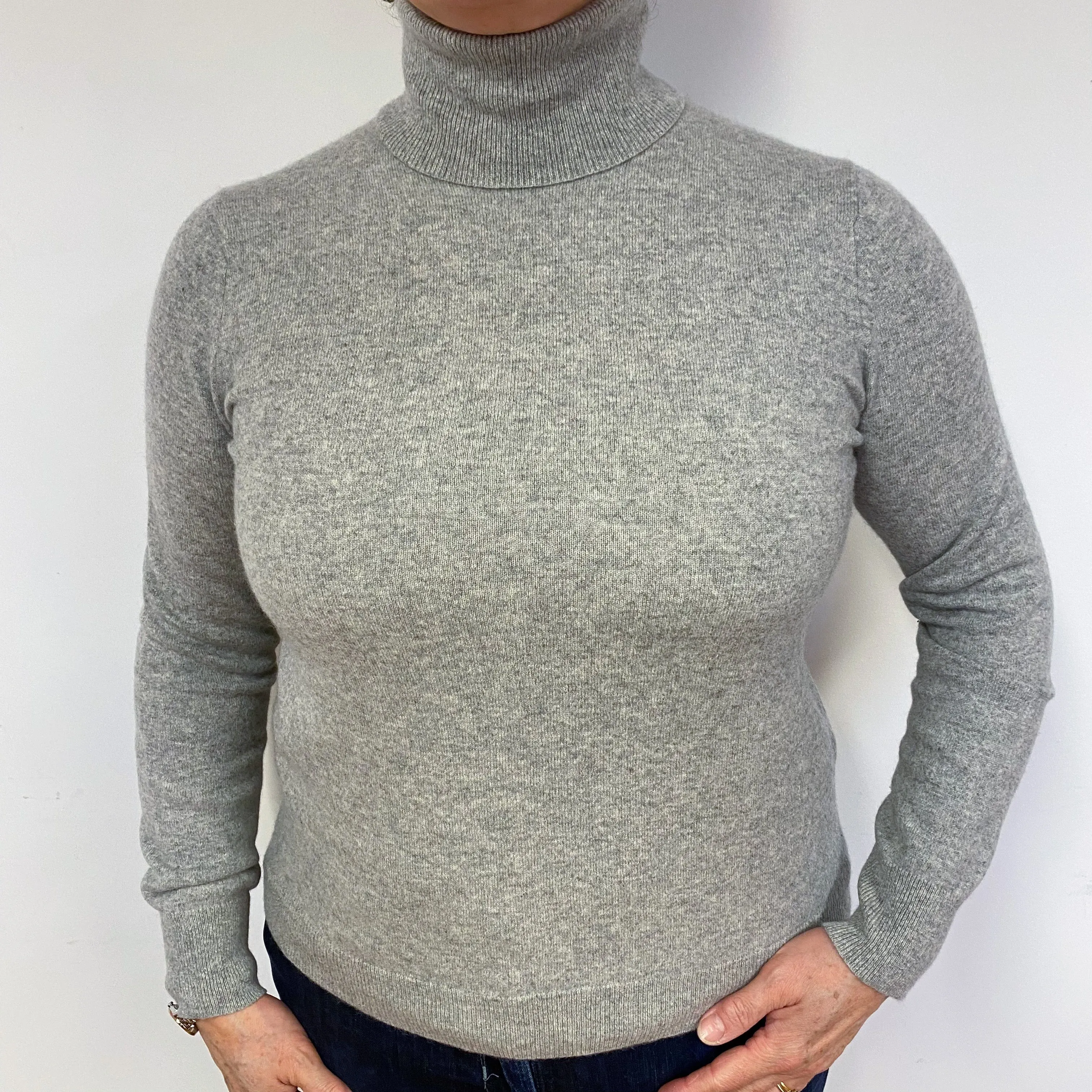 Slim Smoke Grey Cashmere Polo Neck Jumper Large