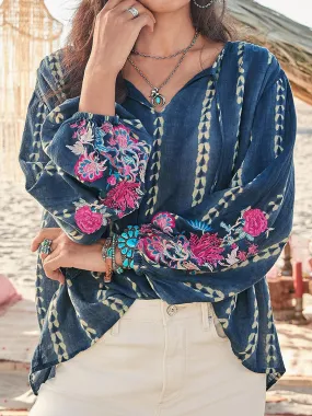 Stylish Bohemian Printed V-neck Long-sleeved T-shirt