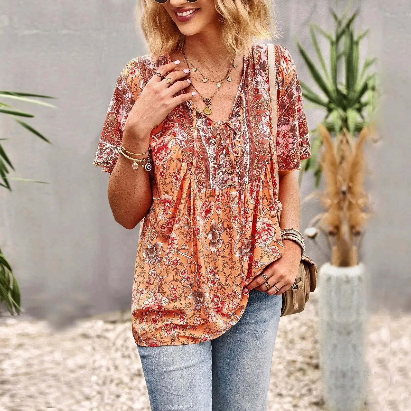 Summer New Fashion Boho T-Shirt Women's Bohemian Clothes Female Tops Free Shipping