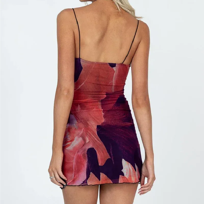 Tie-dye Print Mesh Spaghetti Strap Mini Dress