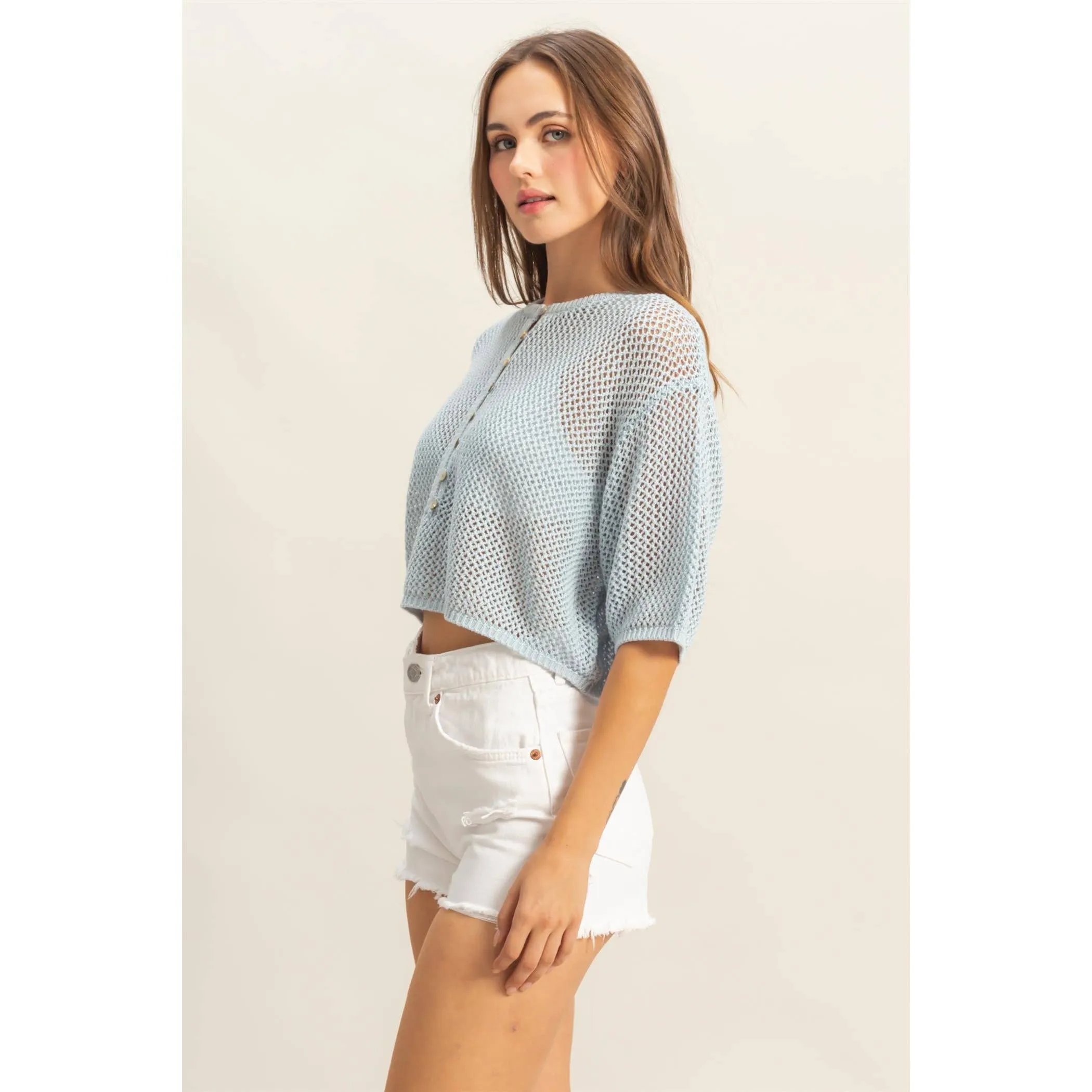 Top | Open Stitch Crop Blue