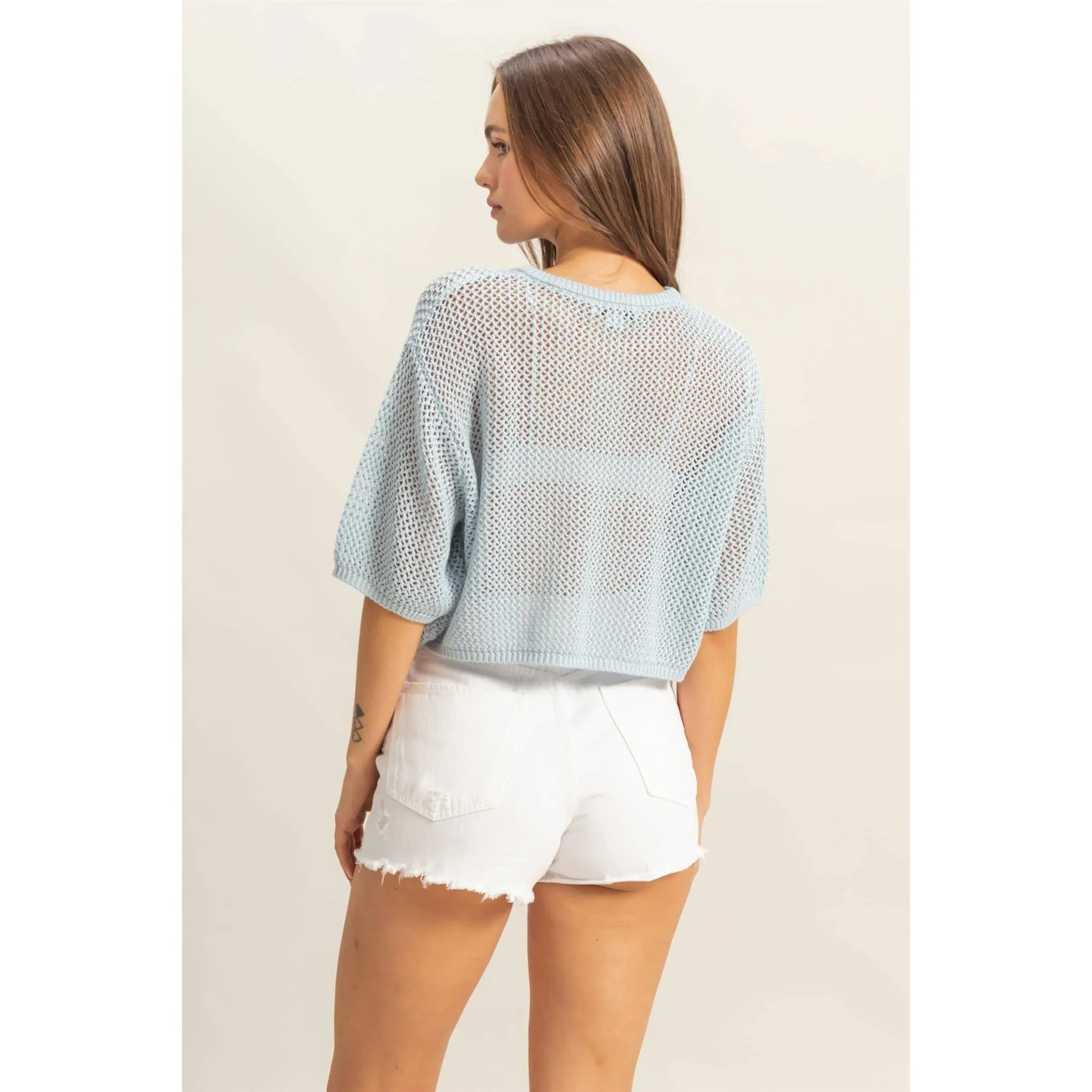 Top | Open Stitch Crop Blue