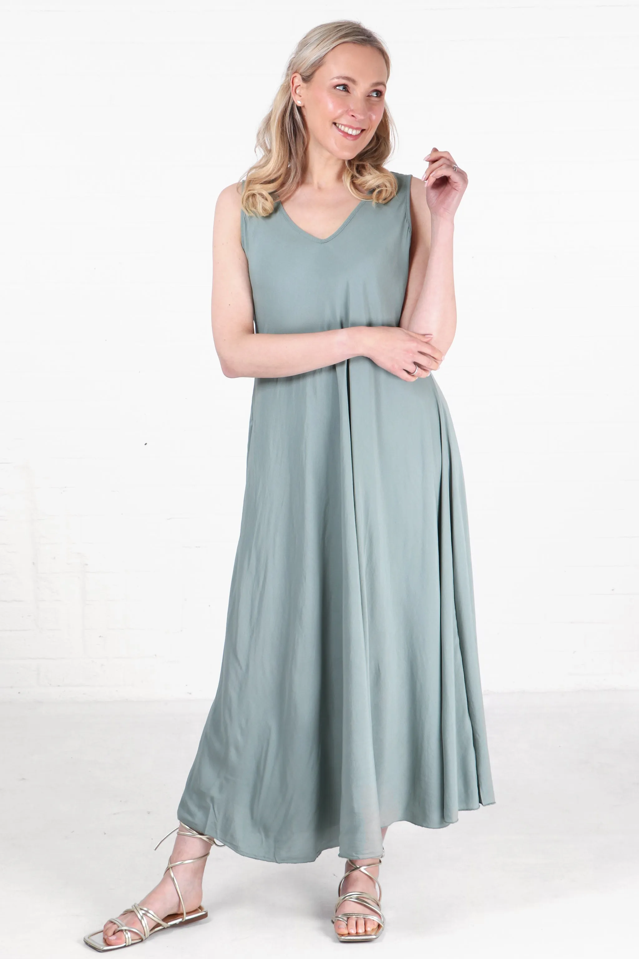 V-Neck Maxi Trapeze Dress in Sage Green