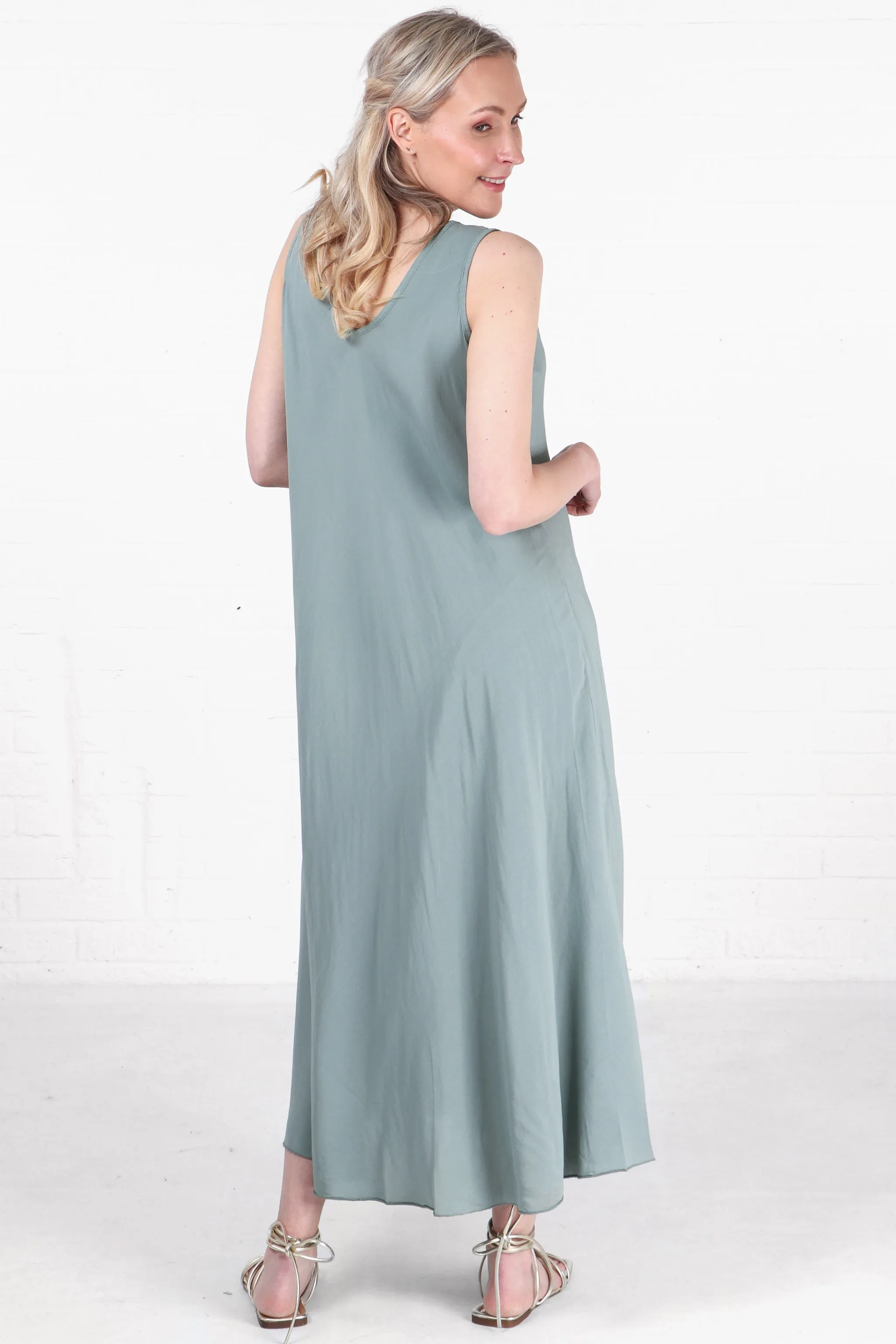 V-Neck Maxi Trapeze Dress in Sage Green