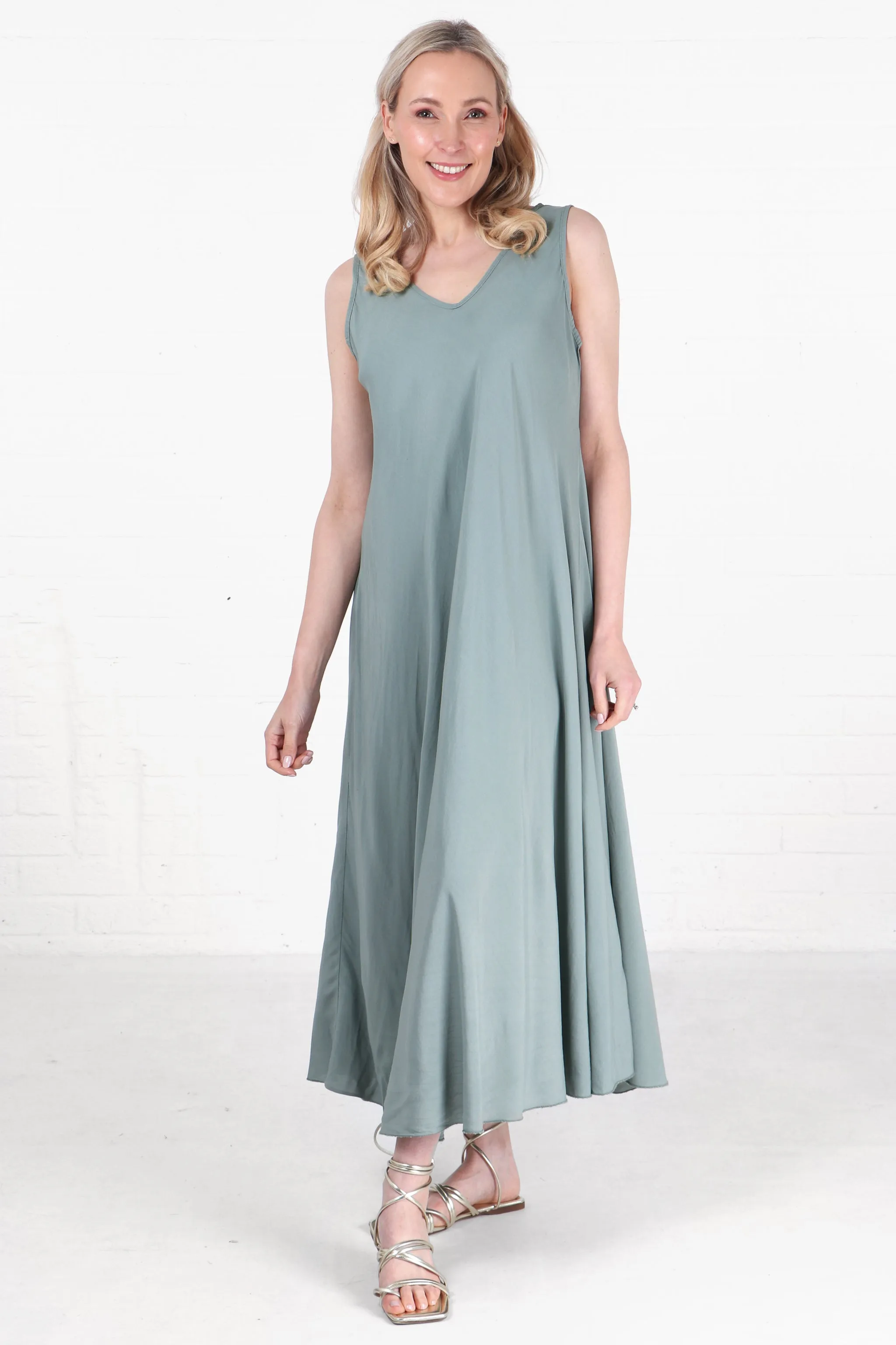 V-Neck Maxi Trapeze Dress in Sage Green