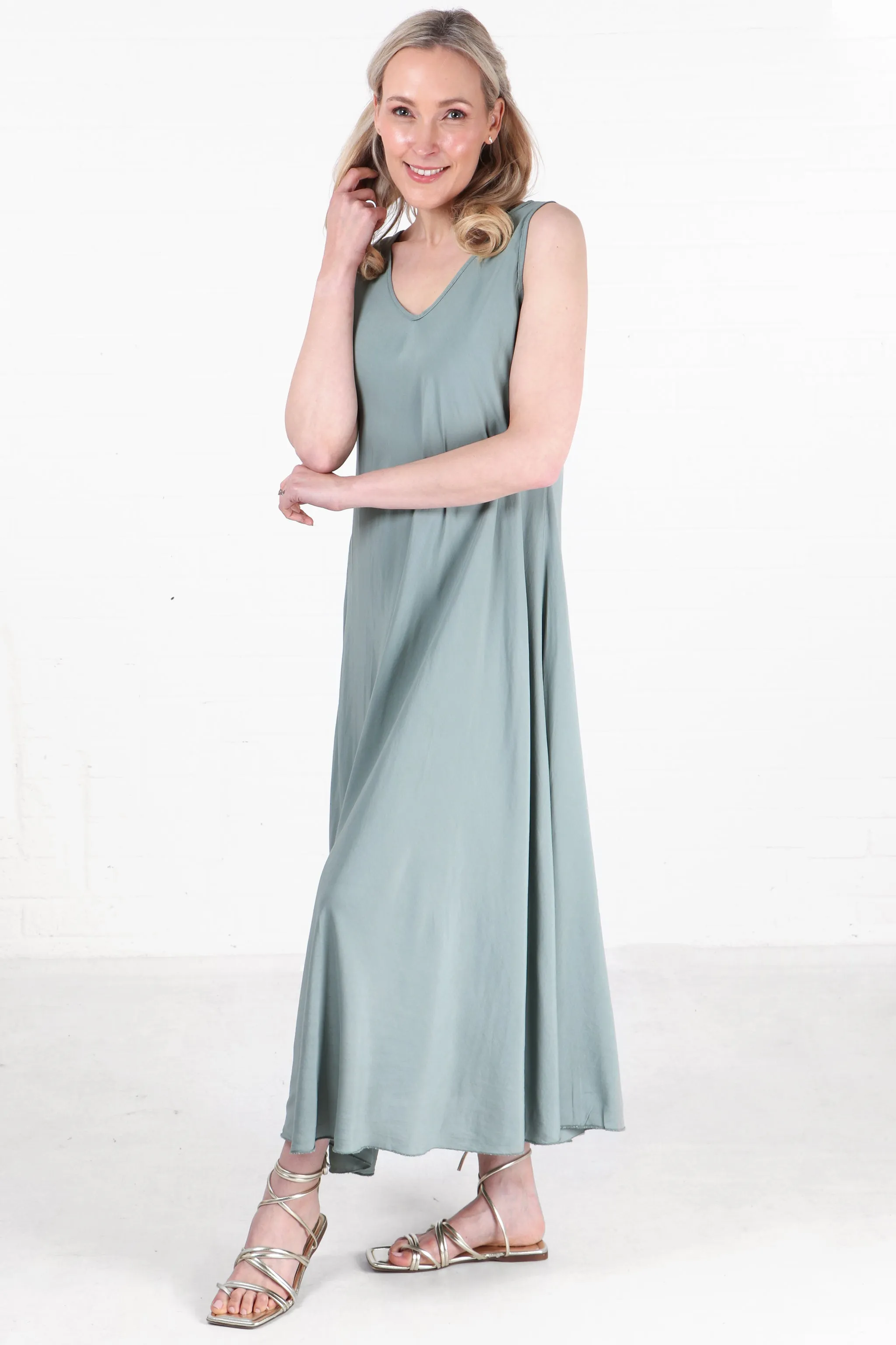 V-Neck Maxi Trapeze Dress in Sage Green