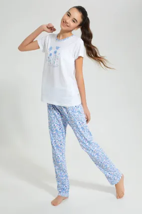 White And Blue Floral Pyjama Set (2 Piece)