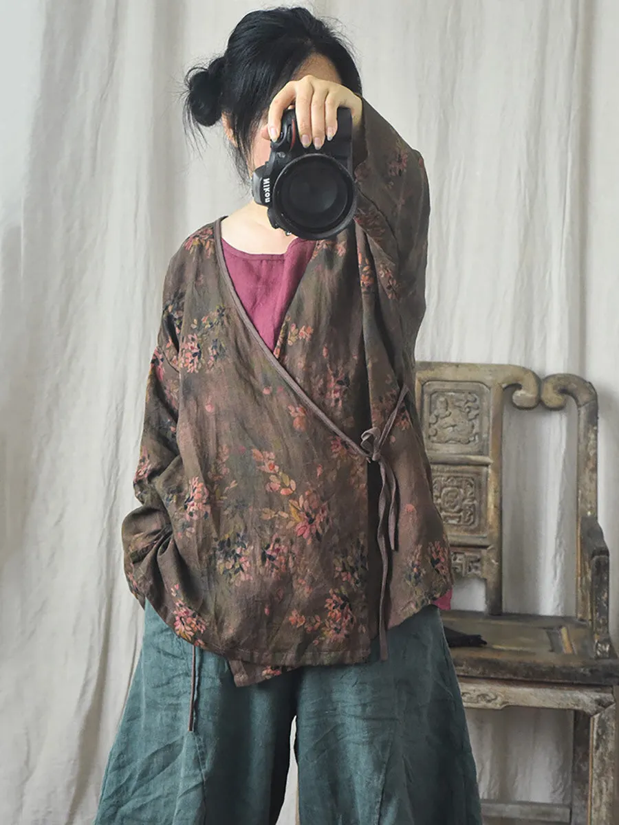 Women Vintage Floral Print Spring Slant-Closure Coat