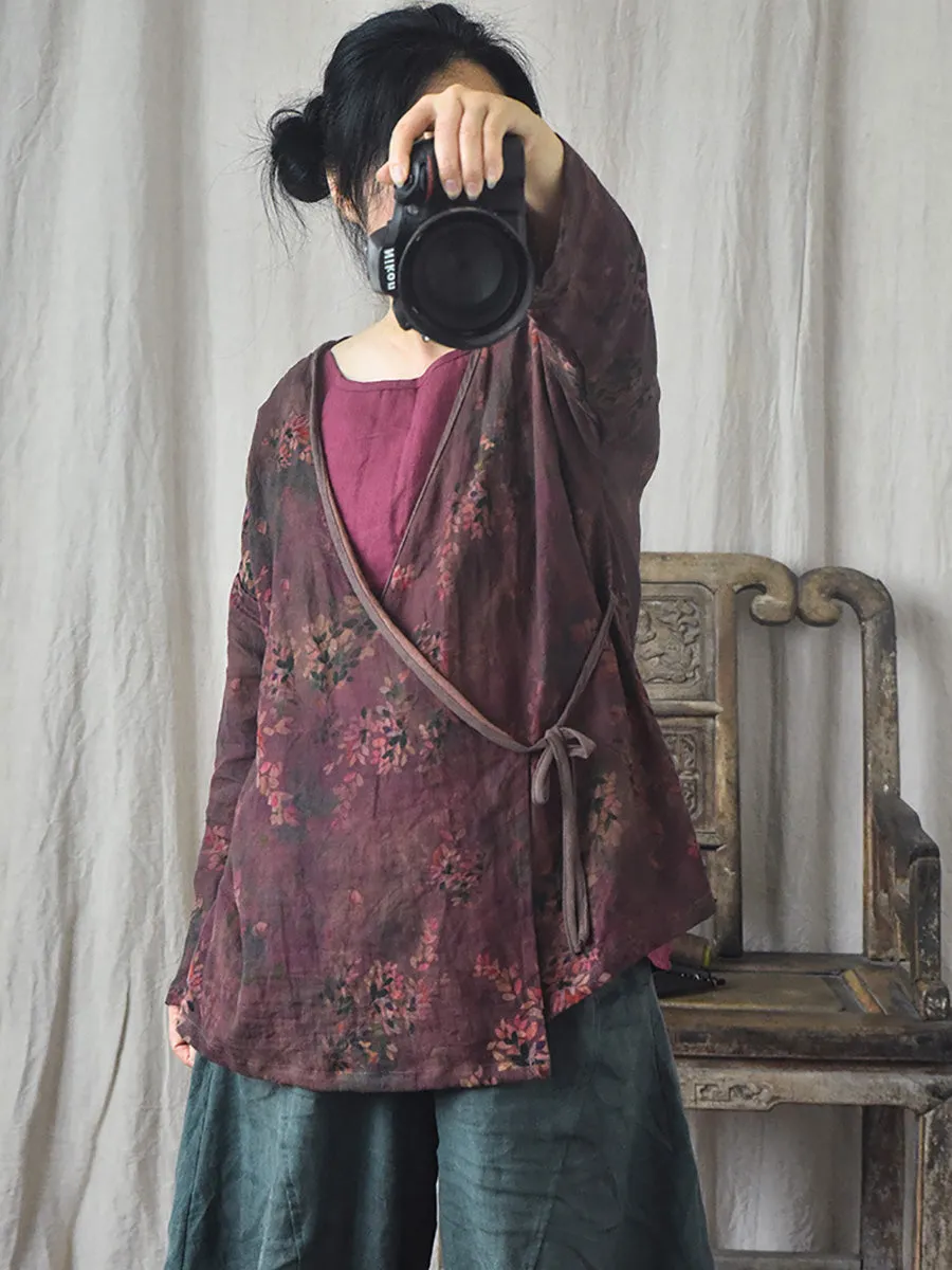 Women Vintage Floral Print Spring Slant-Closure Coat