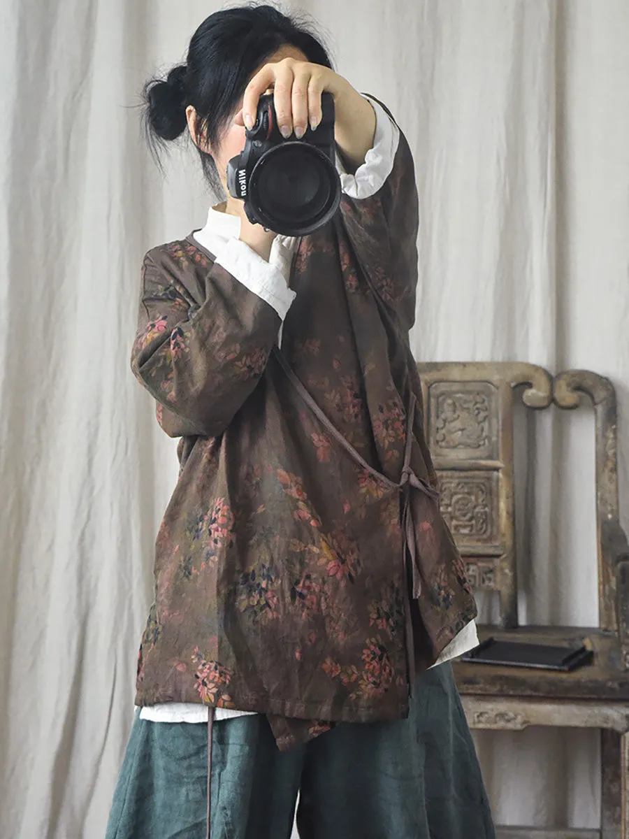 Women Vintage Floral Print Spring Slant-Closure Coat