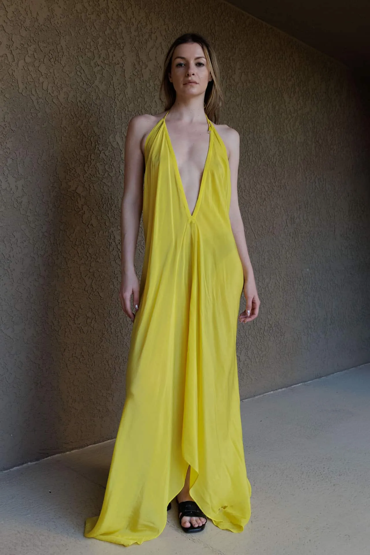 Yellow Plunging Neckline Dress
